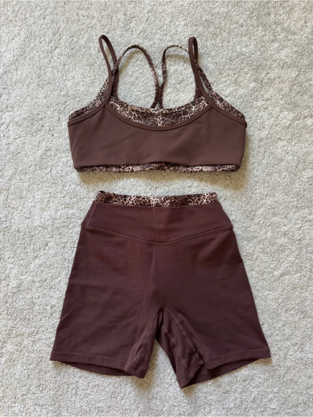 Brown Leopard-Trim Sports Bra & High-Waist Bike Shorts Set